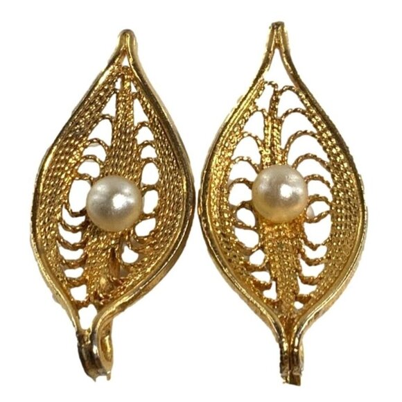 Vintage Sarah Coventry Gold-Tone Clip-On Earrings With Faux Pearl Accents - Picture 1 of 7